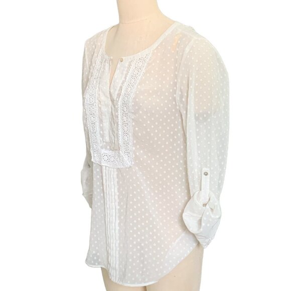 Daniel Rainn White Swiss Dot Embroidered Lace Roll Tab Blouse L #99A - Picture 3 of 5